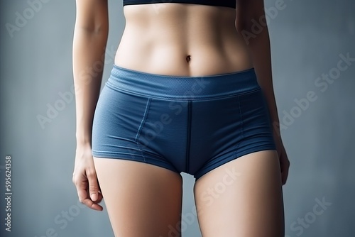 Slim shape of sport woman wearing blue, slim body and abs in studio light