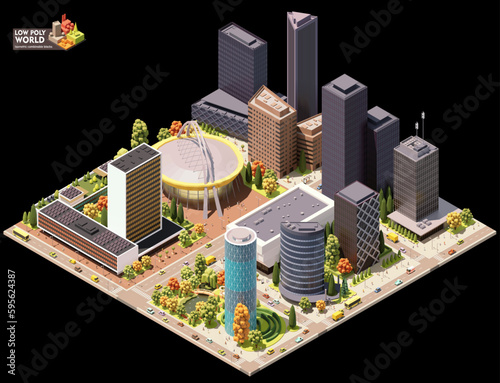 Vector isometric world map creation set. Combinable map elements. City downtown or center map. Skyscrapers, sports venue and park, modern buildings and streets