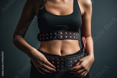 Fitness Woman Body: Beautiful athletic body - A close-up shot of a fitness woman while wearing black workout clothes, showcasing her toned body. (Ai generated)