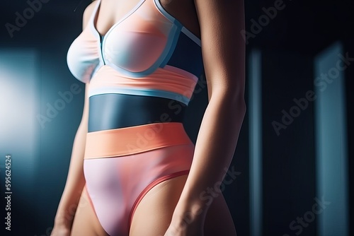 Fitness Woman Body: Beautiful athletic body - A close-up shot of a fitness woman while wearing workout pastel clothes, showcasing her toned body. (Ai generated)