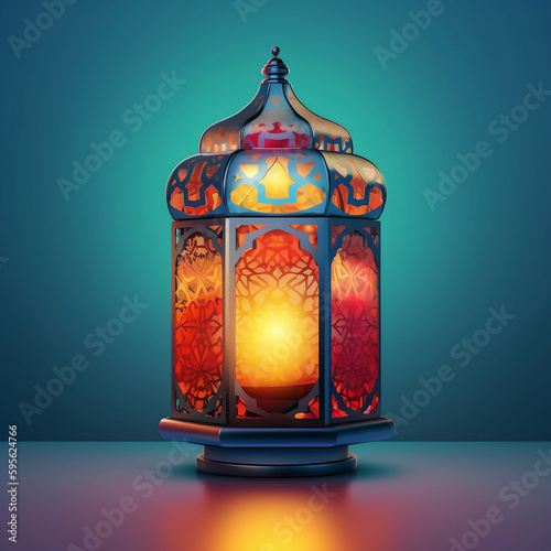 An Islamic flat vector of a traditional Moroccan lantern, with intricate metalwork and colorful glass panels, casting a warm and inviting glow onto the surrounding space, evoking a feeling of coziness