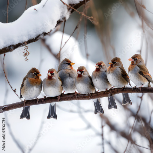 A group of birds on a snowy branch, ai