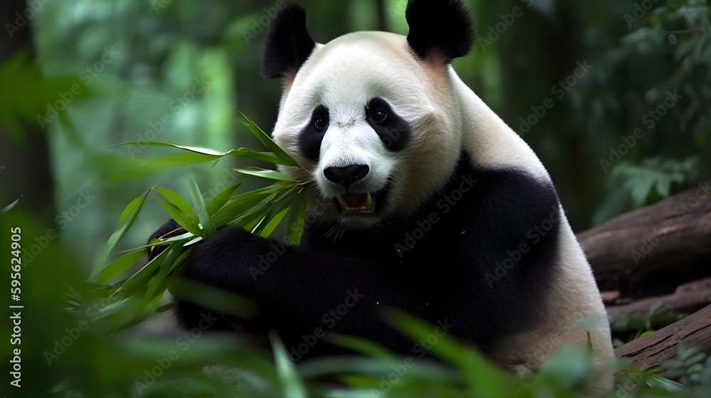 Fototapeta premium Panda lazily munching on bamboo
