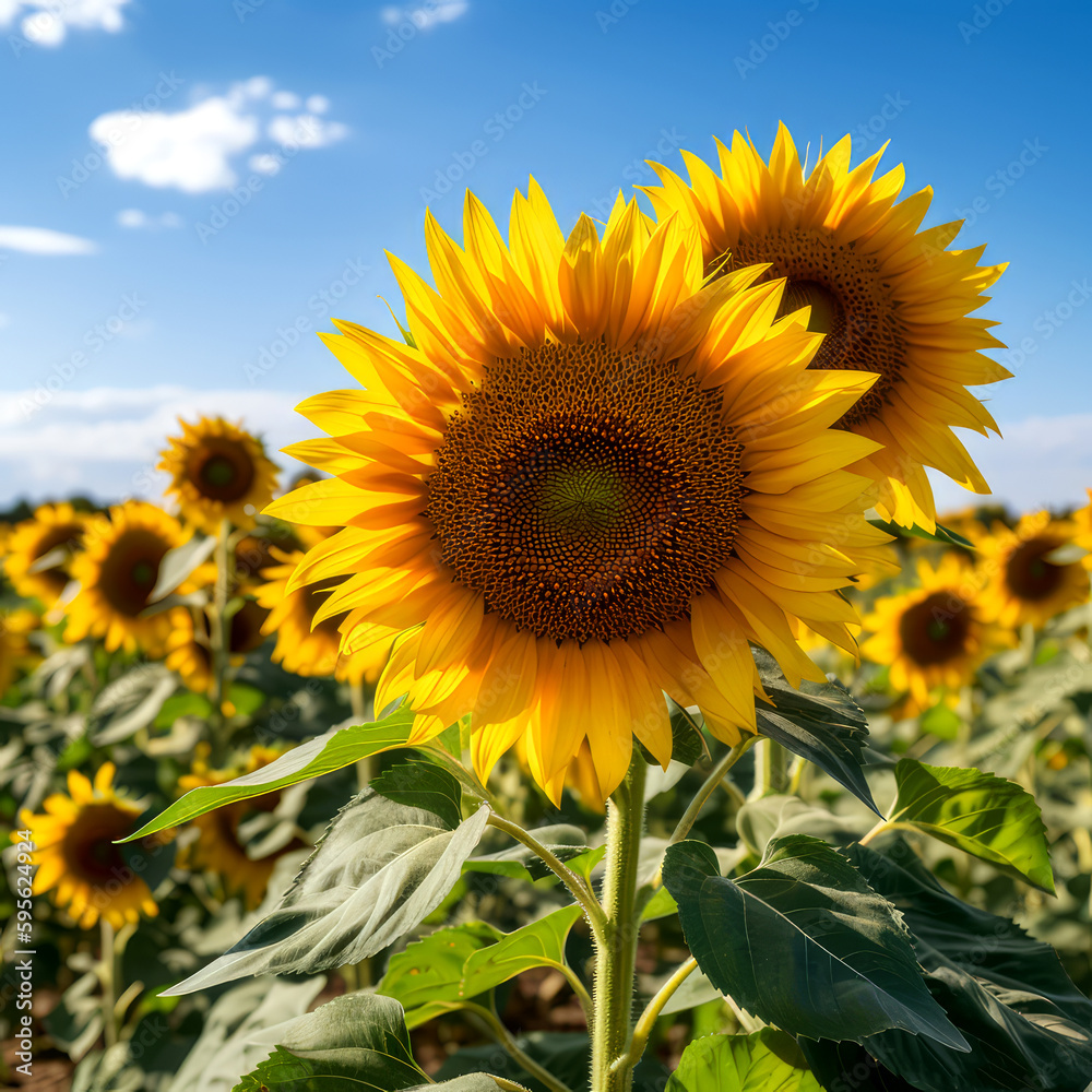 Obraz premium A field of sunflowers with blue sky in the background, ai