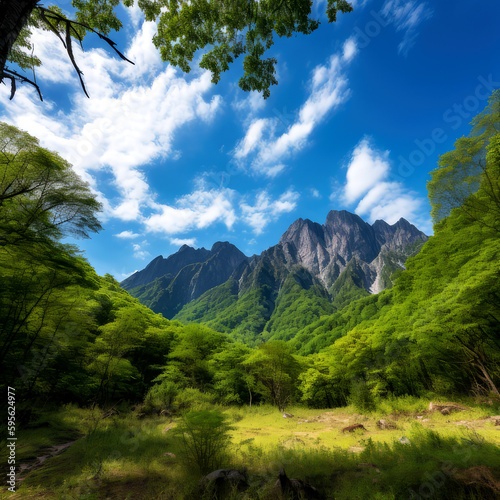 A mountain range with green trees and blue sky, ai