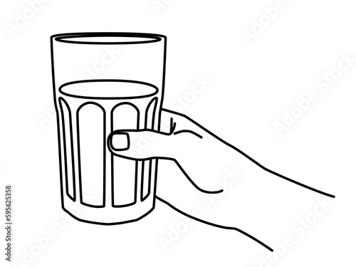 Hand holding an empty faceted glass hand drawn with thin line. Png clipart isolated on transparent background photo