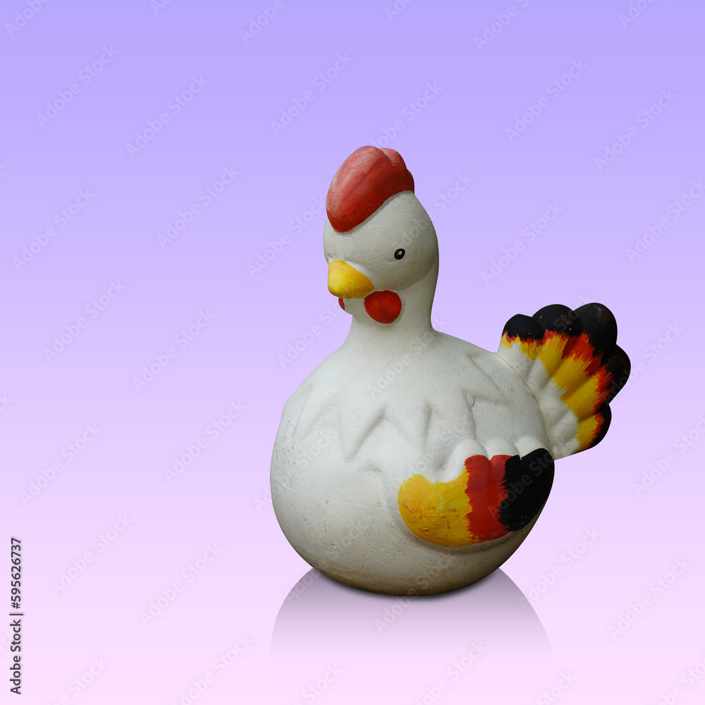 Obraz premium old white and red chicken on gradient purple and pink background, animal, object, decoration, vintage, gift, copy space