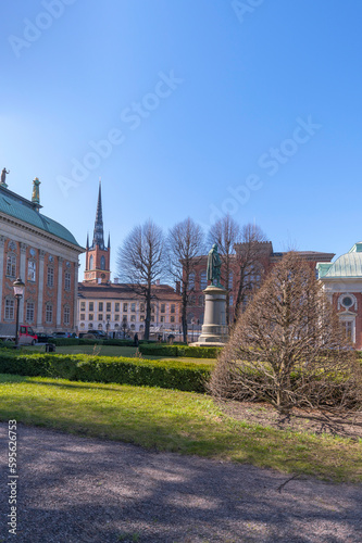 The House of Nobility in the old town Gamla Stan and the island Riddarholmen with the church Riddarholmskyrkan and court houses, a sunny spring day in Stockholm