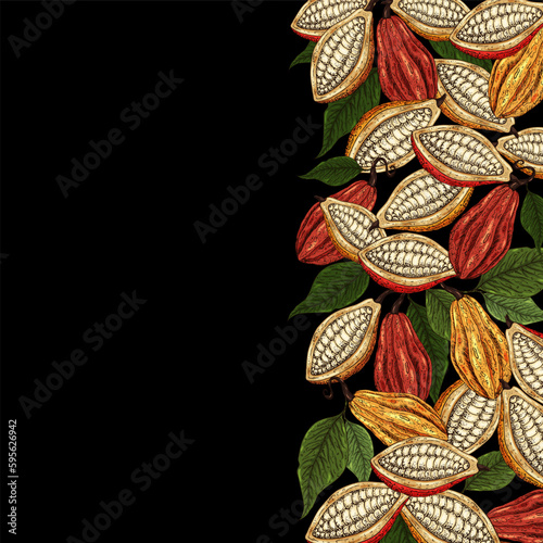 Cocoa background. Organic healthy food backdrop. Cocoa beans border. Hand drawn cacao branch with fruits. Great for banner, poster, label. Cocoa leaves, seeds, cocoa collection. Superfood cacao.