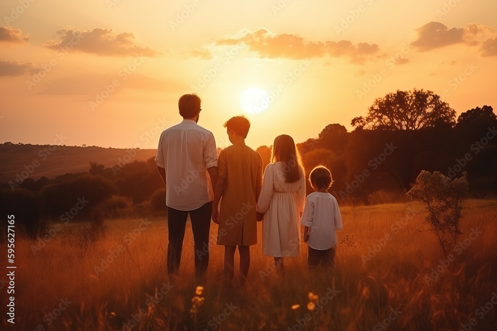 Happy family mother father children son and daughter travel, sunset background (Ai generated)
