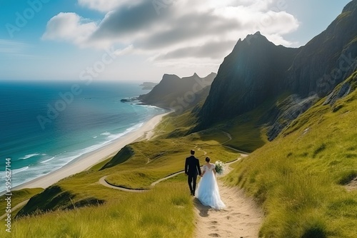 Wedding couple travelers in natural scene  Ai generated 