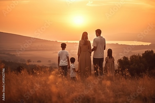 Happy family mother father children son and daughter travel, sunset background (Ai generated)