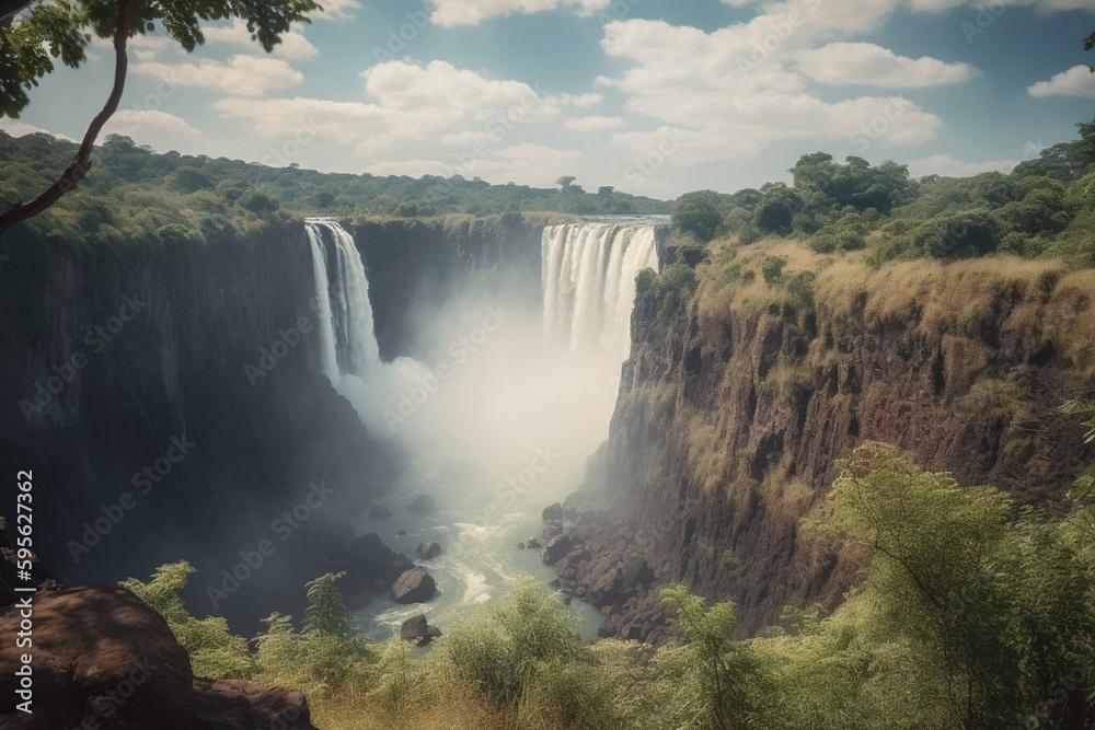 Scenic view of the Victoria Falls stretching across Zimbabwe and Zambia, showcasing the beautiful lake, picturesque mountains and waterfall. Generative AI - obrazy, fototapety, plakaty 