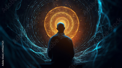 A man looking into a space with glowing light, in the style of spiritual meditations