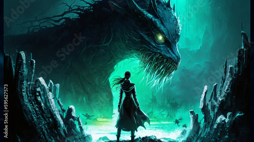 A woman standing in front of a crater full of water and a large green creature