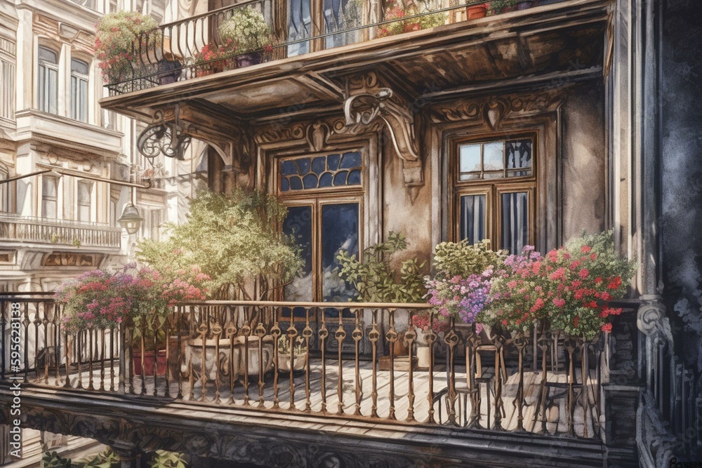 Watercolor drawing of a building's balcony adorned with flowers. Generative AI