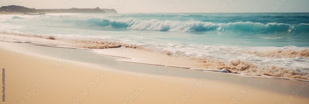 Sandy beach panorama, wet sand close up, blur ocean waves background. Summer holidays. Generative AI