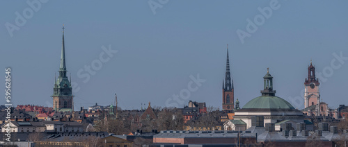 Panorama, roofs and church towers in the old town Gamla Stan. a sunny spring day in Stockholm