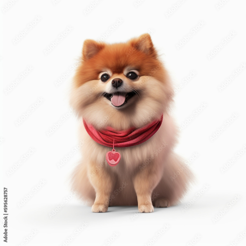  a cute Pomeranian crimson red collar around  , Generative AI