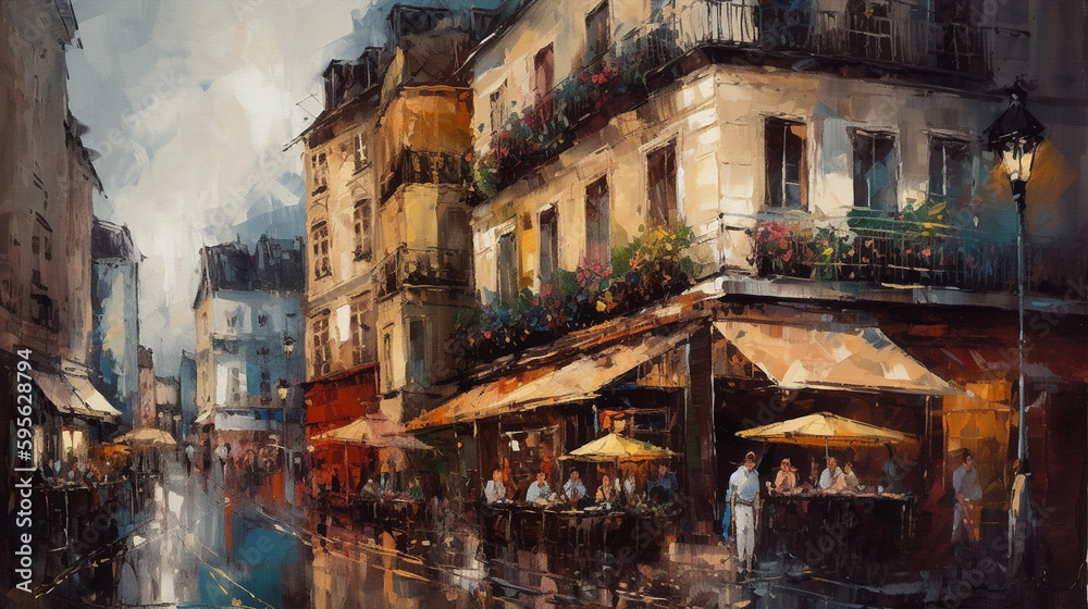 Digital oil painting of the Montmartre district in Paris with people sitting in cafes and restaurants, impressionism, beautiful artistic image for poster, wallpaper, art print etc. Generative AI.