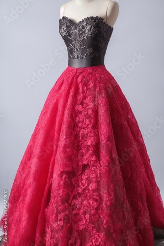IA generativa Vestido en maniquí con falda de terciopelo y encaje y motivos de ópera en tonos rojos