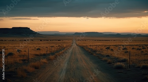 Rural open landscape with an seemingly endless road during sunset