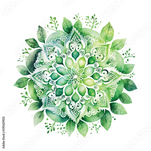 Sahasrara chakra green mandala watercolor vector Illustration isolated