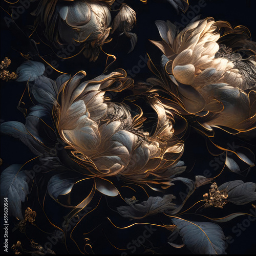 Illustration of a graceful bouquet of peony flowers on a dark background