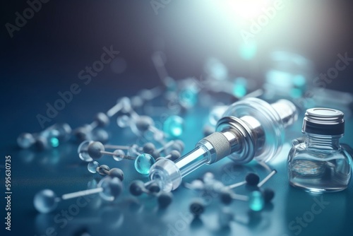 Blurred medical concept of vaccination with stethoscope, pills, and syringe on blue background. Selective focus - 3D render. Generative AI