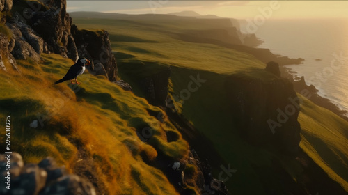Icelandic Puffin Bird with beautiful landscape in the golden hour AI