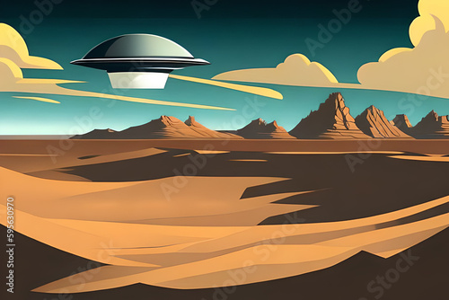 An image of a desert landscape with a UFO or extraterrestrial theme