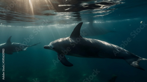 Dolphin underwater with some sun in the golden hour of Iceland AI