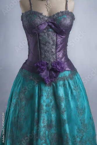 IA generativa Vestido verde y morado en maniquí con estilo victoriano gótico lolita y corsé photo