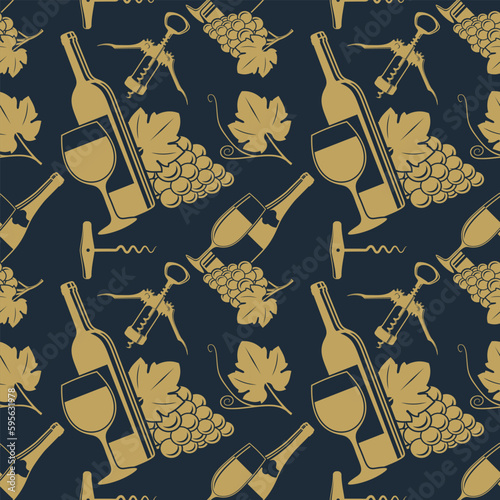 Wine House seamless pattern with wine bottles, grape and wine glasses. Vector illustration