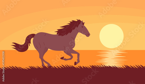 Horse mustang. A free stallion gallops on the seashore. Sunny sunset. A beautiful elegant animal with a mane and hooves. Vector illustration