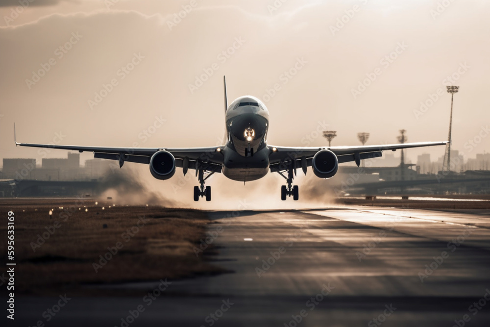 Airplane on the runway in the fog at sunrise. Travel concept Generative ai