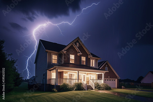 Electric storm casting vivid bolts above a home in the suburbs