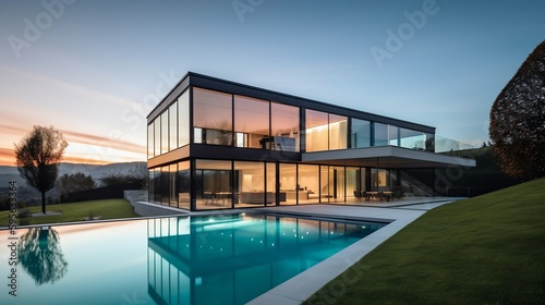 Modern house architecture with glass walls and swimming pool. Generative AI © Scrudje