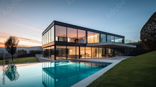 Modern house architecture with glass walls and swimming pool. Generative AI