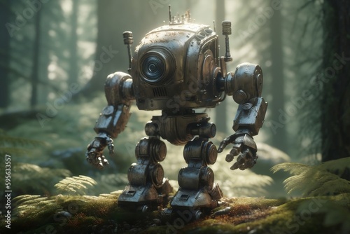 a robot is standing in the middle of the forest. playful cypherpunk character meticulous photorealistic design. generative AI