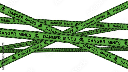 Closed area green tape khaki stripes minefield frame border illustration. Military area warning symbol. Rolling tapes of crossed khaki danger tape