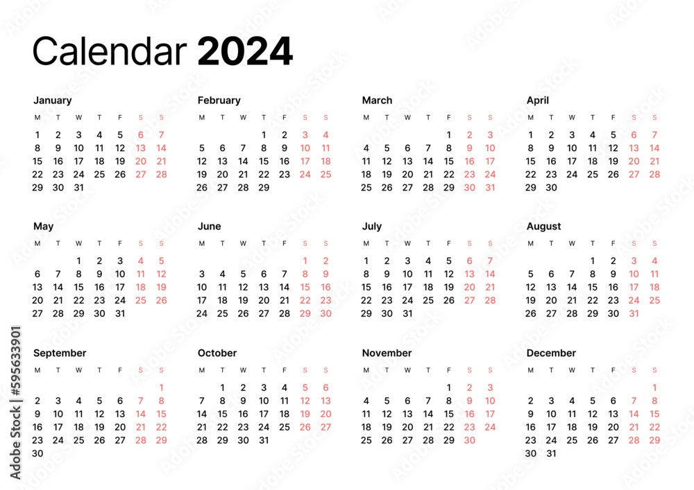 Annual calendar template for 2024 year. Week Starts on Monday. Business calendar in a minimalist style for 2024 year. Annual calendar template for 2024 year. Week Starts on Monday. Business calendar in a minimalist style for 2024 year.