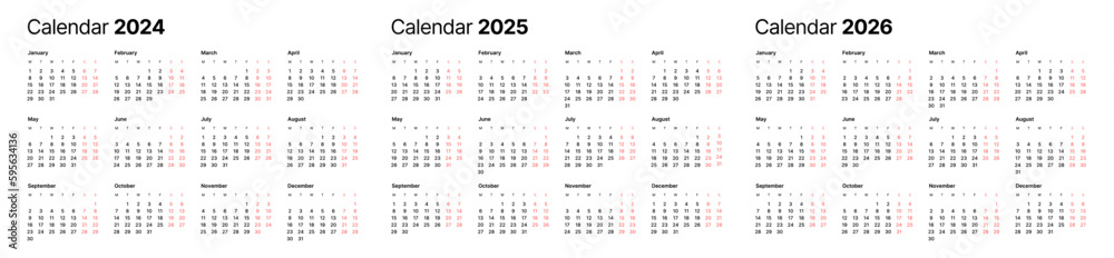 Annual calendar template for 2024, 2025, 2026 years. Week Starts on Monday. Business calendar in a minimalist style. Annual calendar template for 2024, 2025, 2026 years. Week Starts on Monday. Business calendar in a minimalist style.