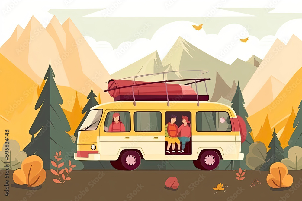 A friendly family in a cute minivan goes camping in the mountains, flat style image with elements of nature
