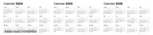 Annual calendar template for 2024, 2025, 2026 years. Week Starts on Monday. Business calendar in a minimalist style.
