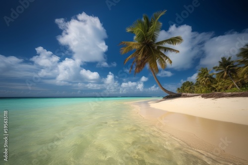 Sunny beach with palm tree and clear sea