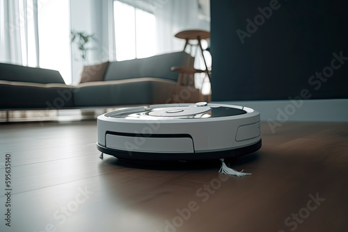 A robotic vacuum cleaner is moving around indoors, cleaning the home on a sunny day