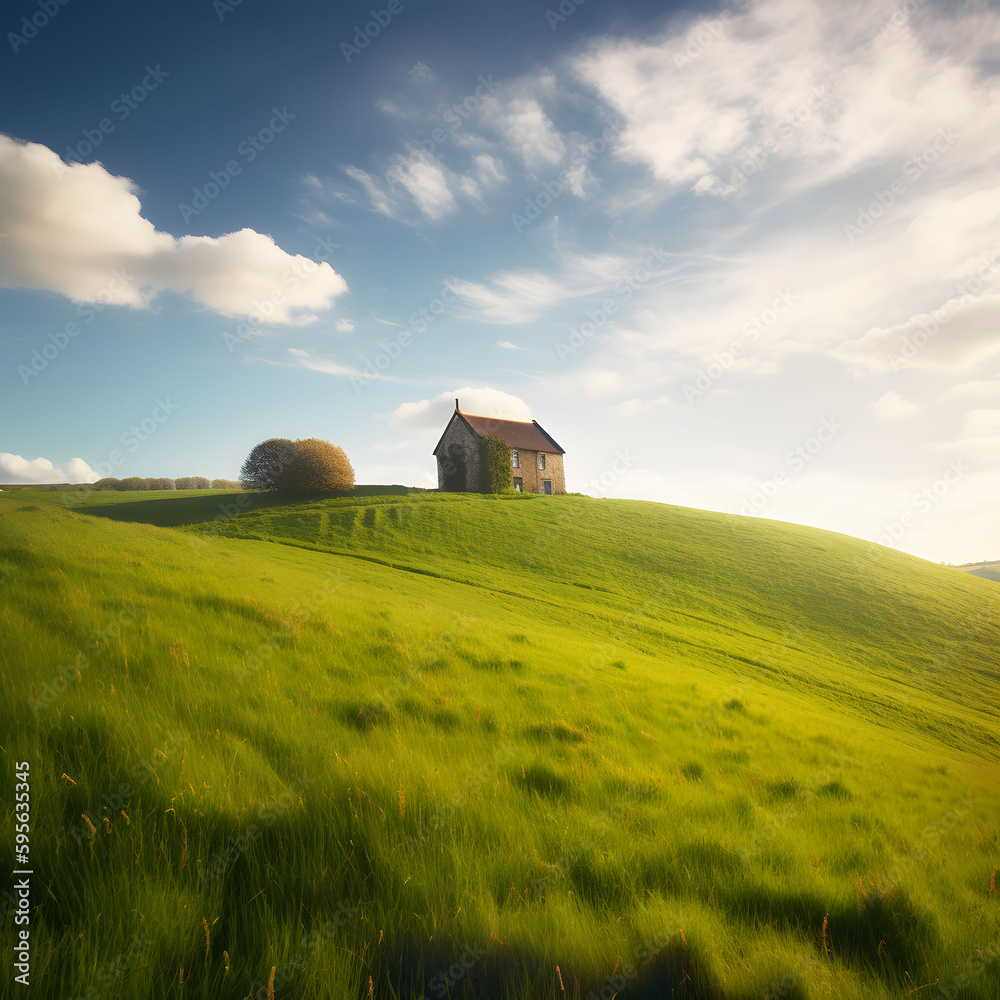 peaceful house situated on a hillside surrounded by hills and grass on a partly cloudy day peaceful house situated on a hillside surrounded by hills and grass on a partly cloudy day