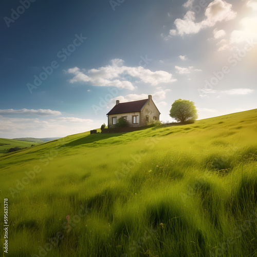 peaceful house situated on a hillside surrounded by hills and grass on a partly cloudy day © Jacob