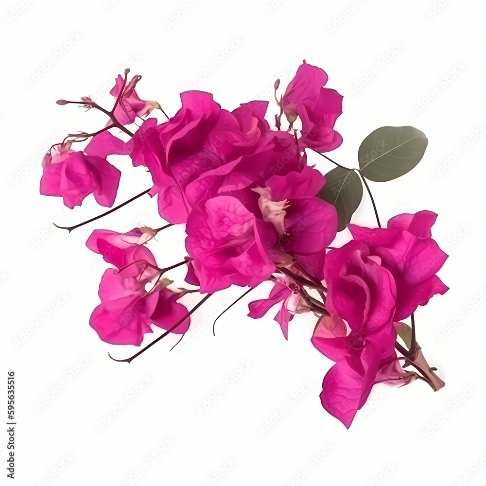 Fototapeta premium Blooming branches, pink red-purple flowers, and inflorescence of bougainvillea isolated on white background
